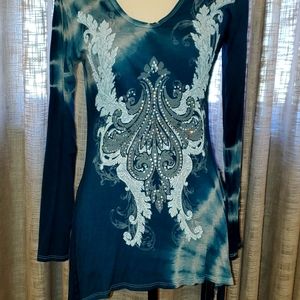 Embellished deep blue-green fringed tunic top
